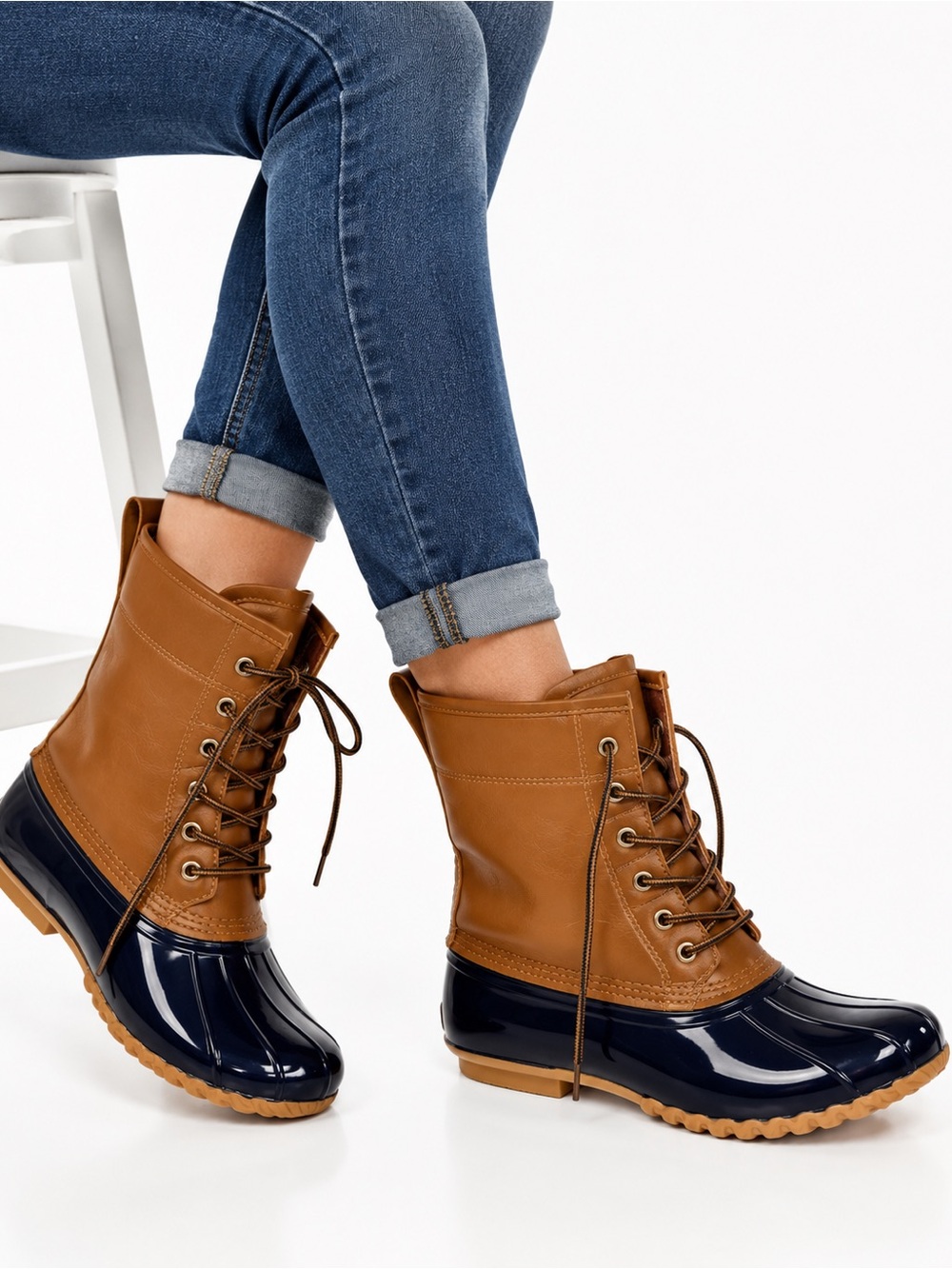 NWOT Sporto Ariel Women’s Size 8M Tan Navy Lace Up Duck Boots Plaid Lined